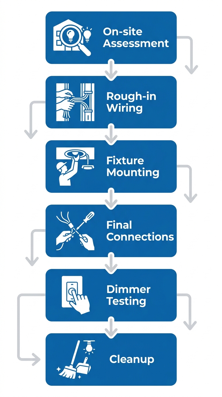 Six-step vertical process diagram for professional lighting installation in Marina del Rey, including assessment, wiring, mounting, connections, dimmer testing, and cleanup.
