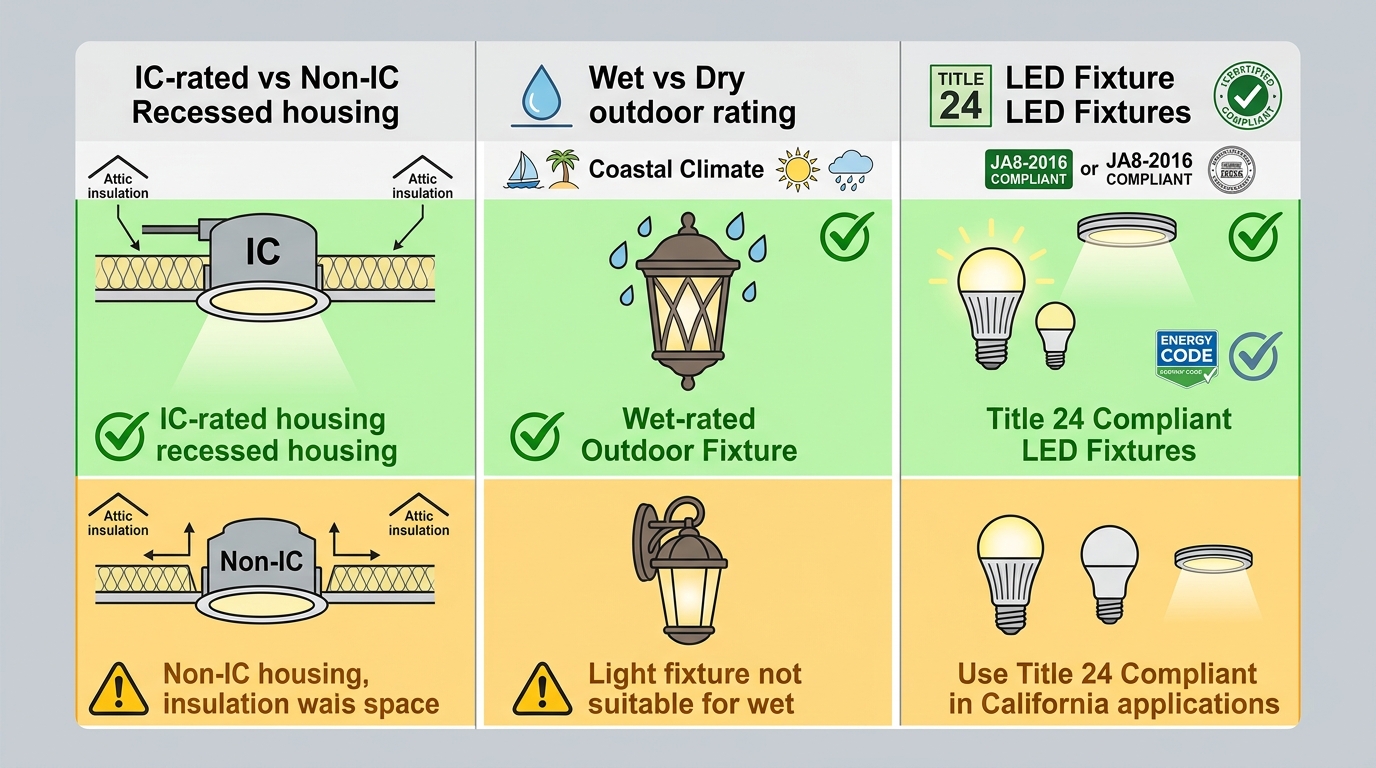 Three-column comparison infographic for electrical fixture selection showing IC-rated versus non-IC recessed housings, wet versus dry outdoor ratings, and LED Title 24 compliance zones, color-coded green for compliant and amber for caution.