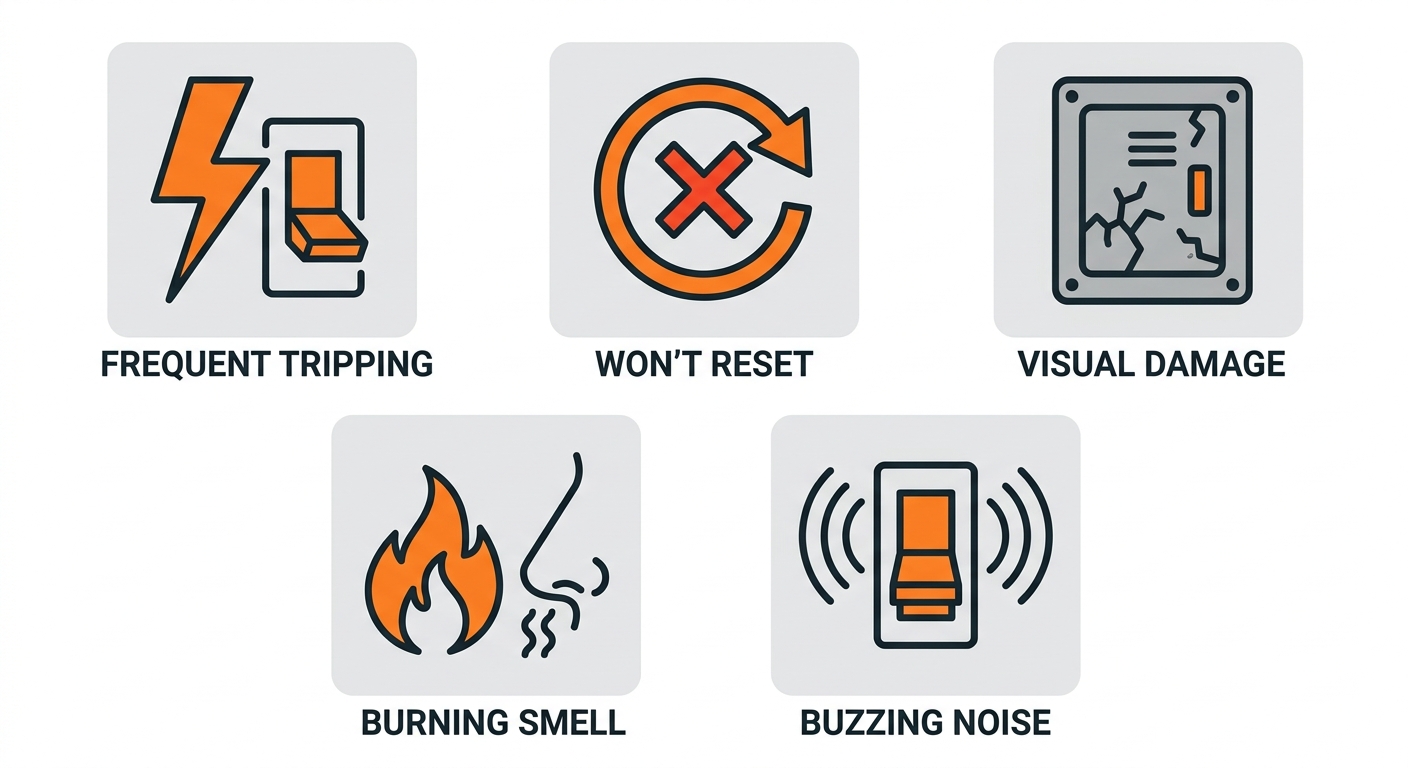 Grid of five icons showing common signs of electrical breaker failure: frequent tripping, breaker won't reset, visual damage, burning smell, and buzzing noise