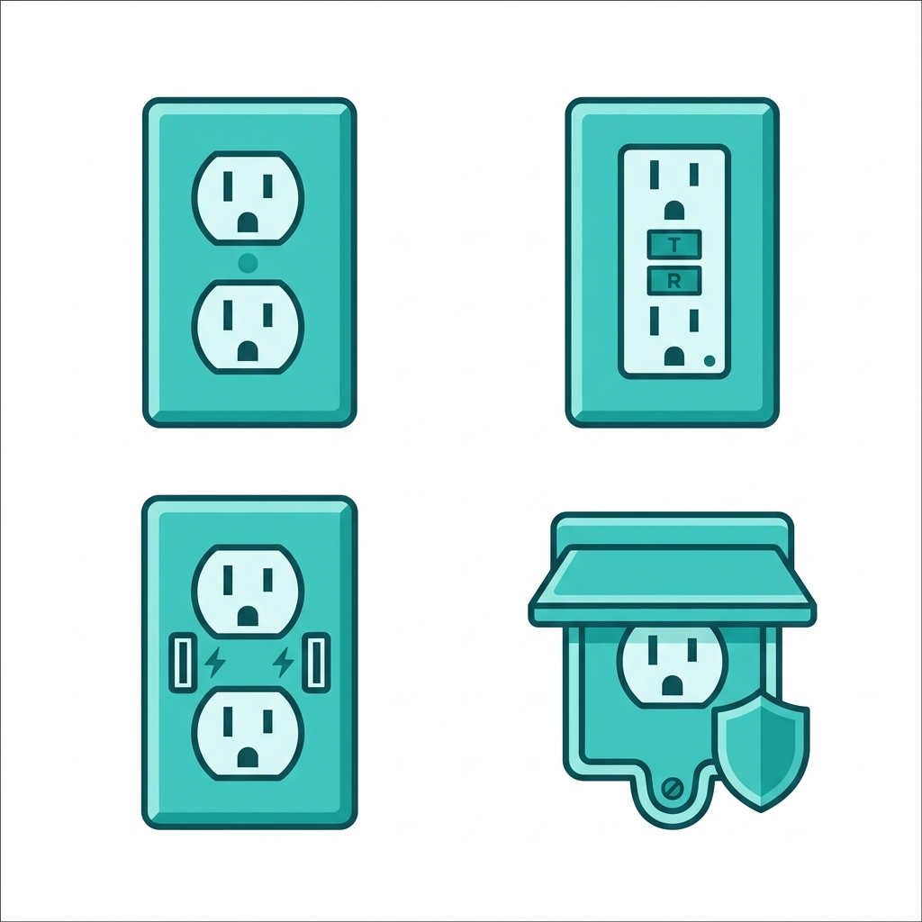 Four modern flat-style icons showing electrical outlet types: standard, GFCI, USB, and weather-resistant.
