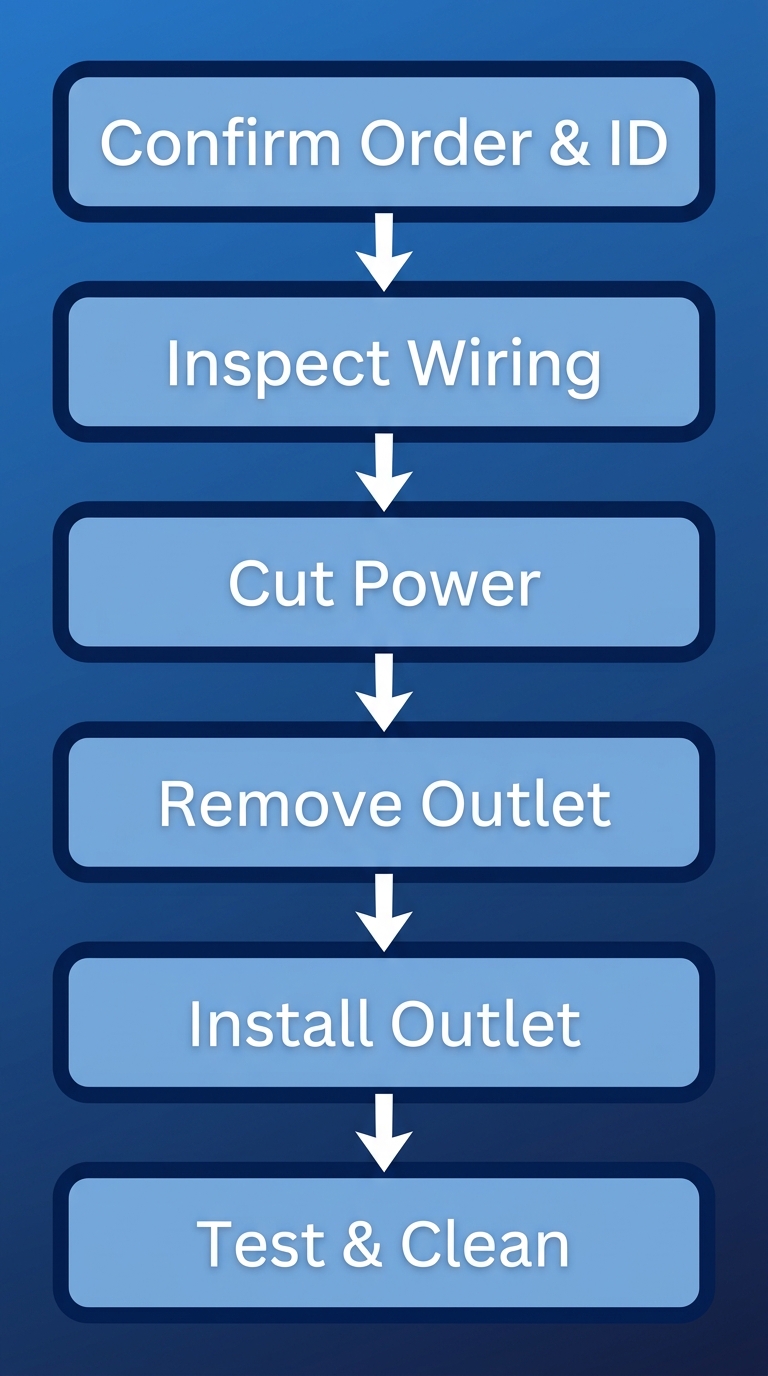 Vertical process flow diagram showing 6 steps for electrical outlet replacement: confirm order, inspect wiring, cut power, remove outlet, install outlet, test and clean.