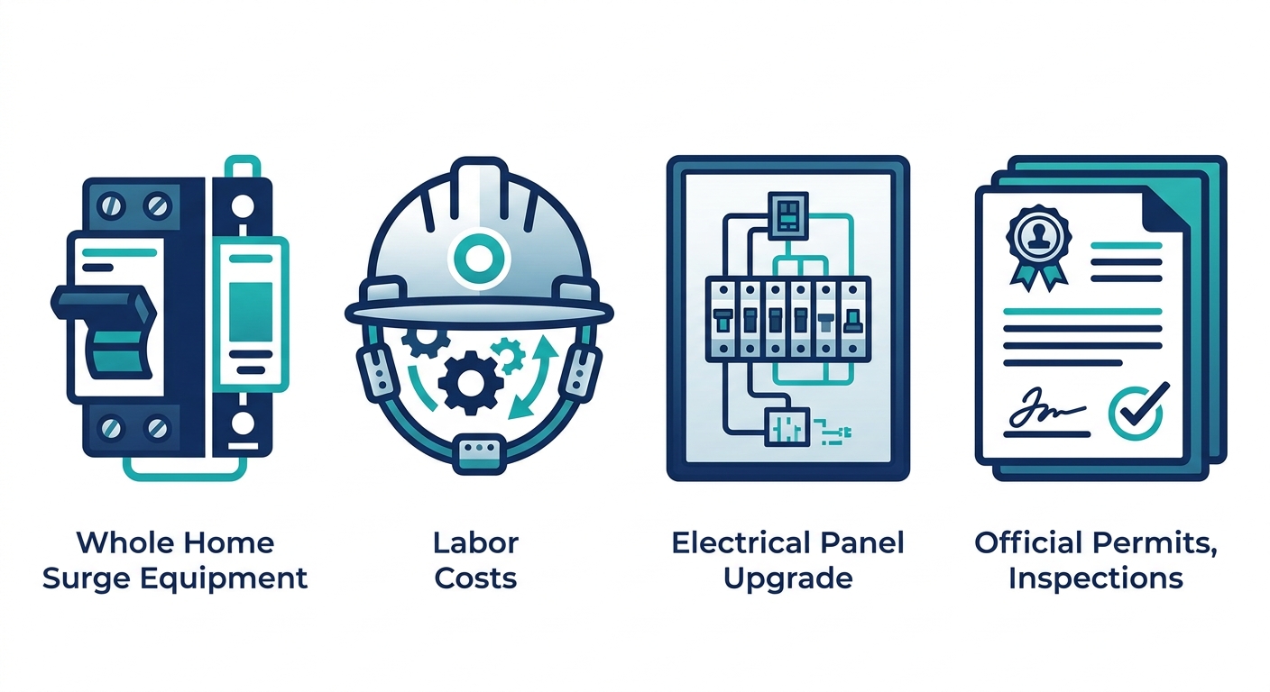 Infographic showing four cost factors for whole home surge protection installation