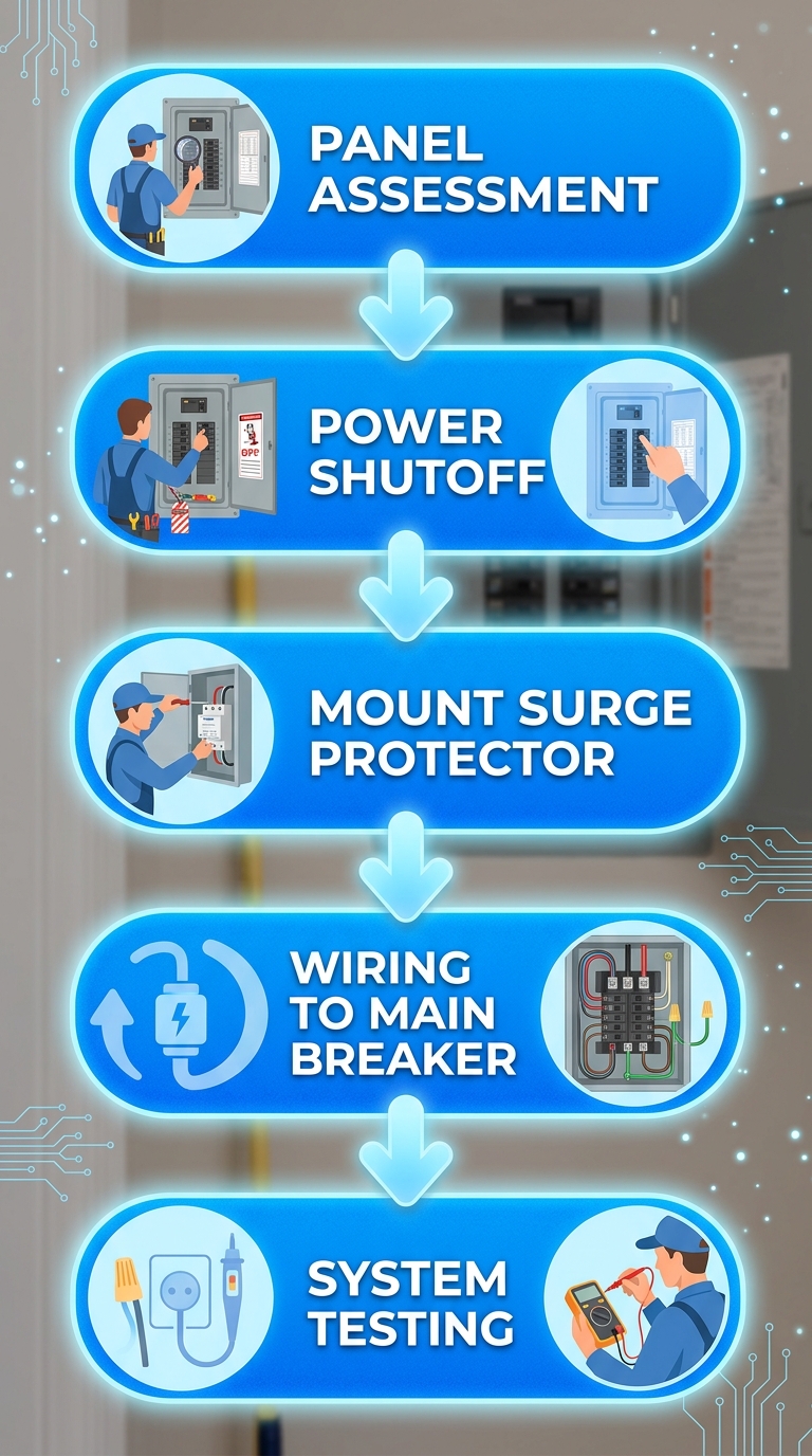 Five-step vertical flow diagram for whole home surge protection installation process