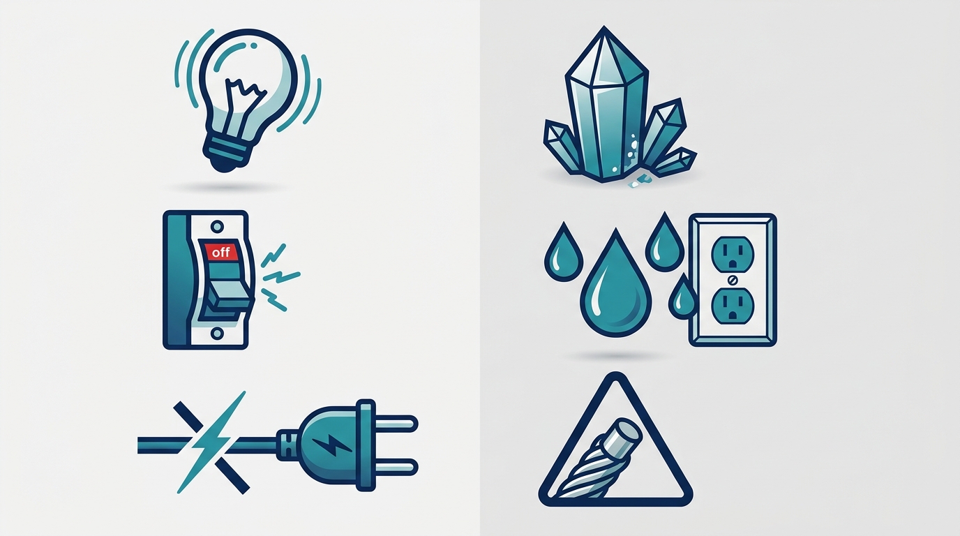 Two-column infographic showing common electrical problems and coastal triggers for Marina del Rey homes