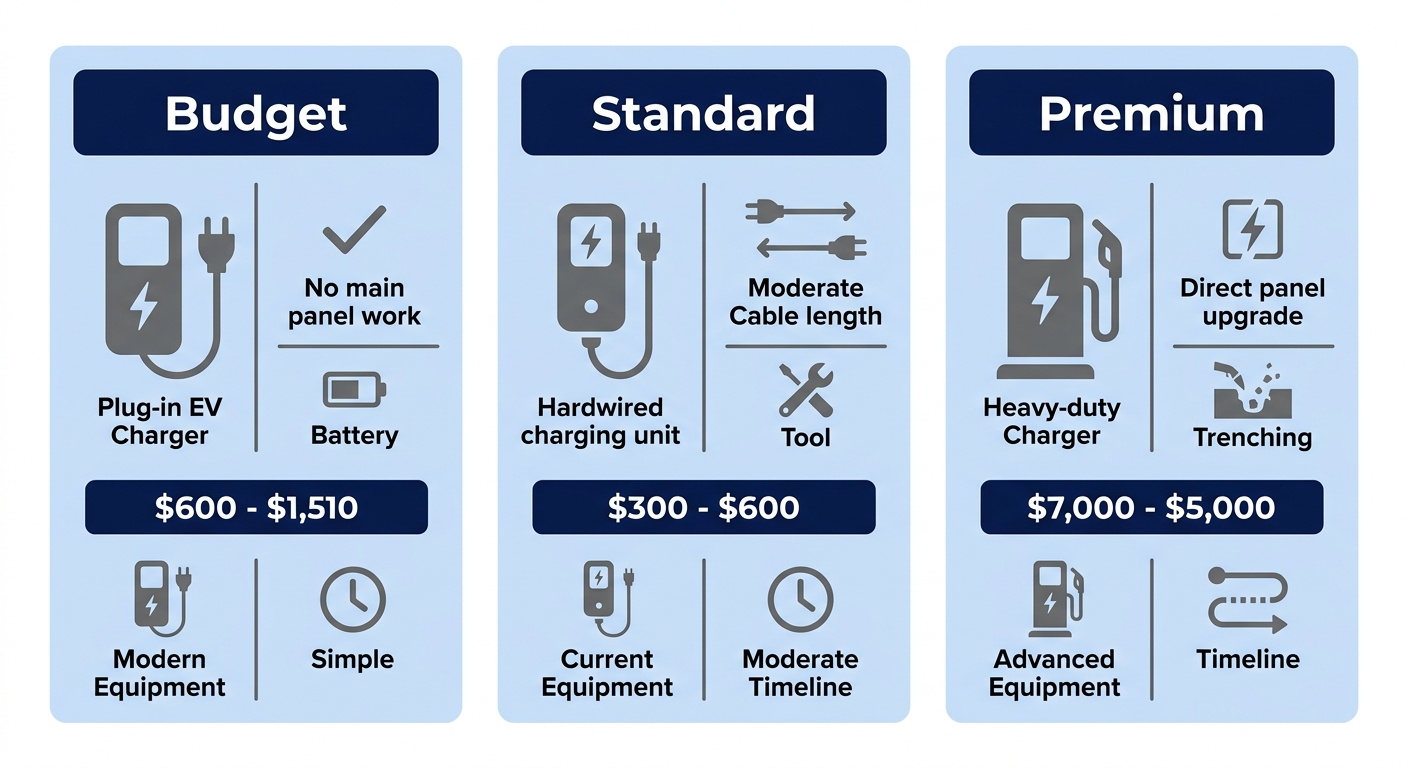 Comparison chart with three EV charger installation scenarios: Budget, Standard, and Premium. Each scenario shows icons for equipment, timeline, and price. Clean blue and gray infographic design.