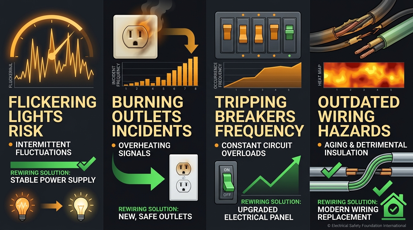 Infographic showing four common electrical hazard indicators--flickering lights risk, burning outlet incidents, tripping breaker frequency, outdated wiring hazards--with a green solution zone emphasizing rewiring safety.