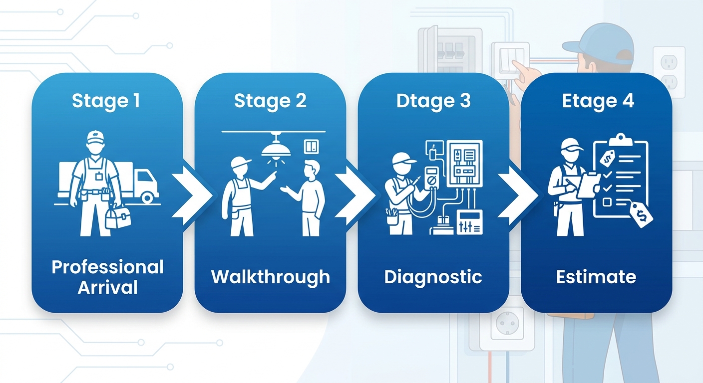 Step-by-step process flow showing four stages of electrician service: arrival, walkthrough, diagnostic, and estimate discussion, with blue gradient rounded rectangles and white arrows