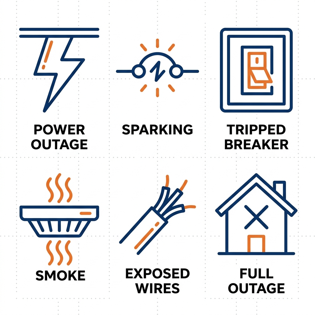 Emergency electrical service icons set featuring Power Outage, Sparking, Tripped Breaker, Smoke, Exposed Wires, and Full Outage.