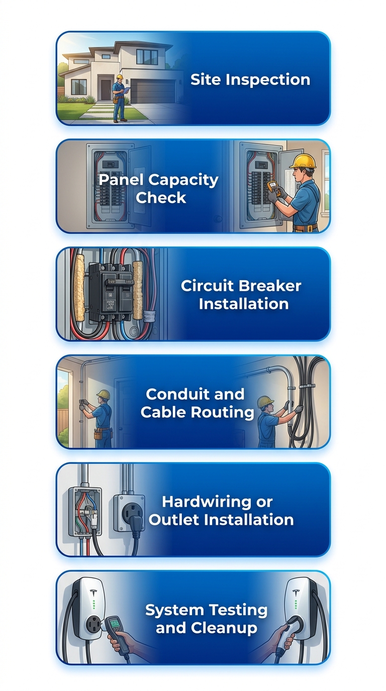 Vertical process flow diagram showing six steps of EV charger installation: site inspection, panel check, breaker install, conduit routing, hardwiring/outlet, and system testing.