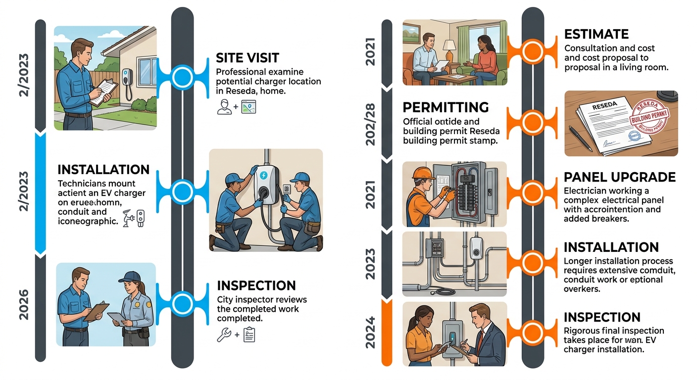 Timeline comparing simple and complex EV charger installation processes in Reseda, California