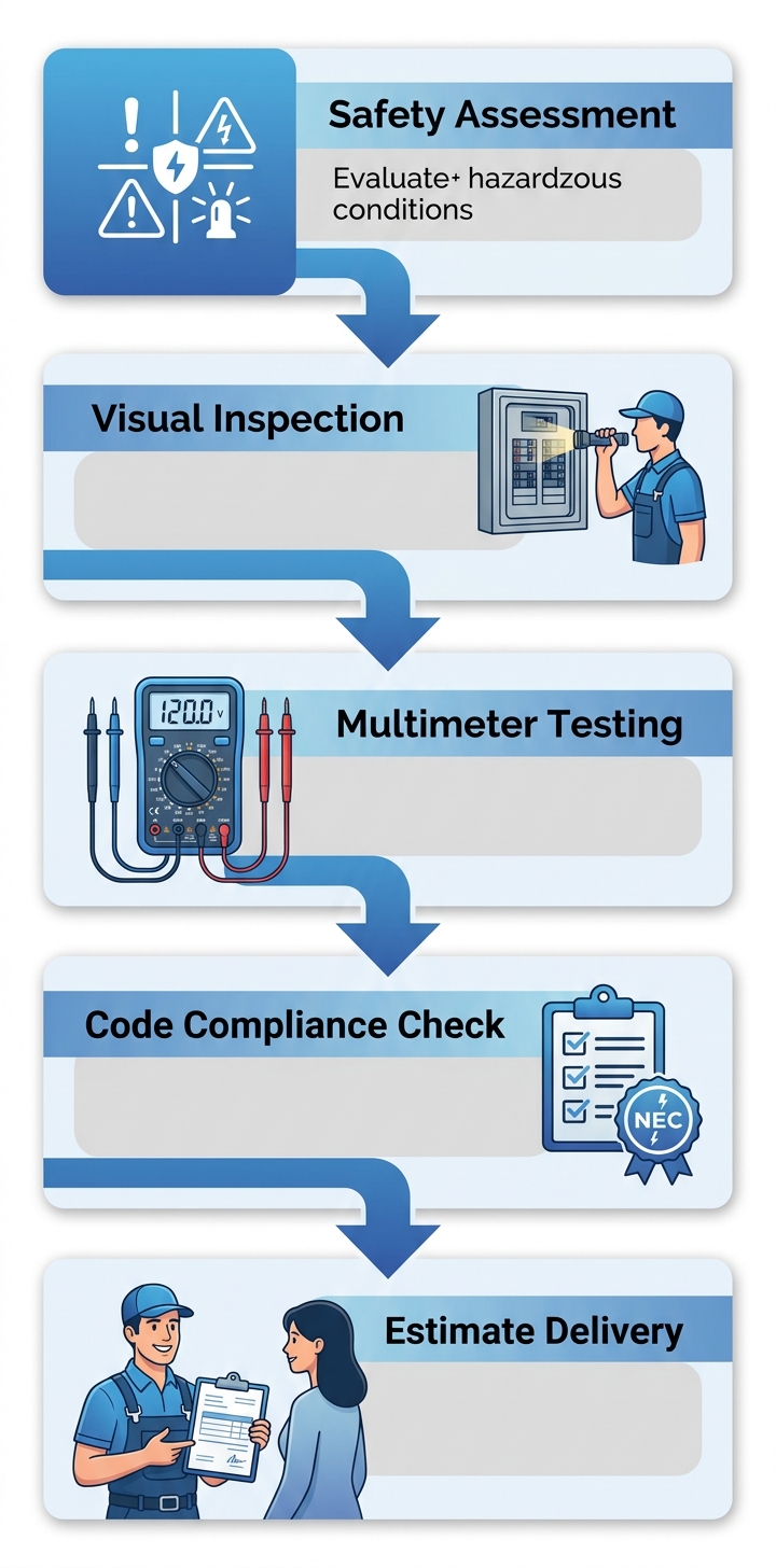 Five-stage electrical panel diagnostic process from safety assessment to estimate delivery