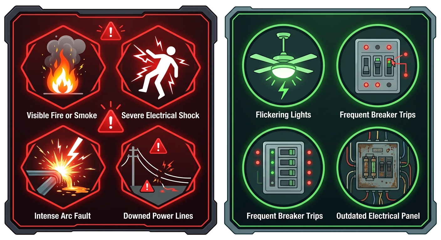 Infographic comparing emergency electrical situations requiring 911 call vs situations safe for electrician visit
