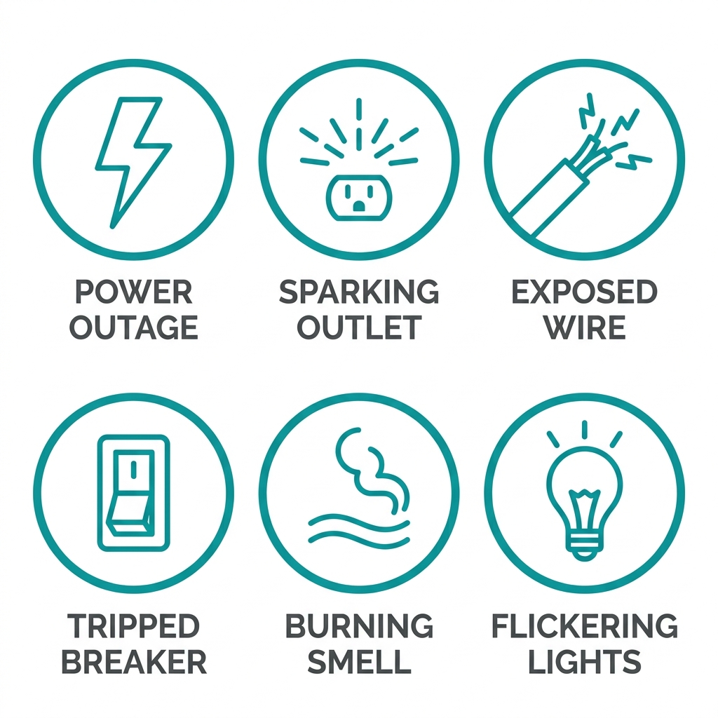 Six emergency electrical issue icons: power outage, sparking outlet, exposed wire, tripped breaker, burning smell, flickering lights
