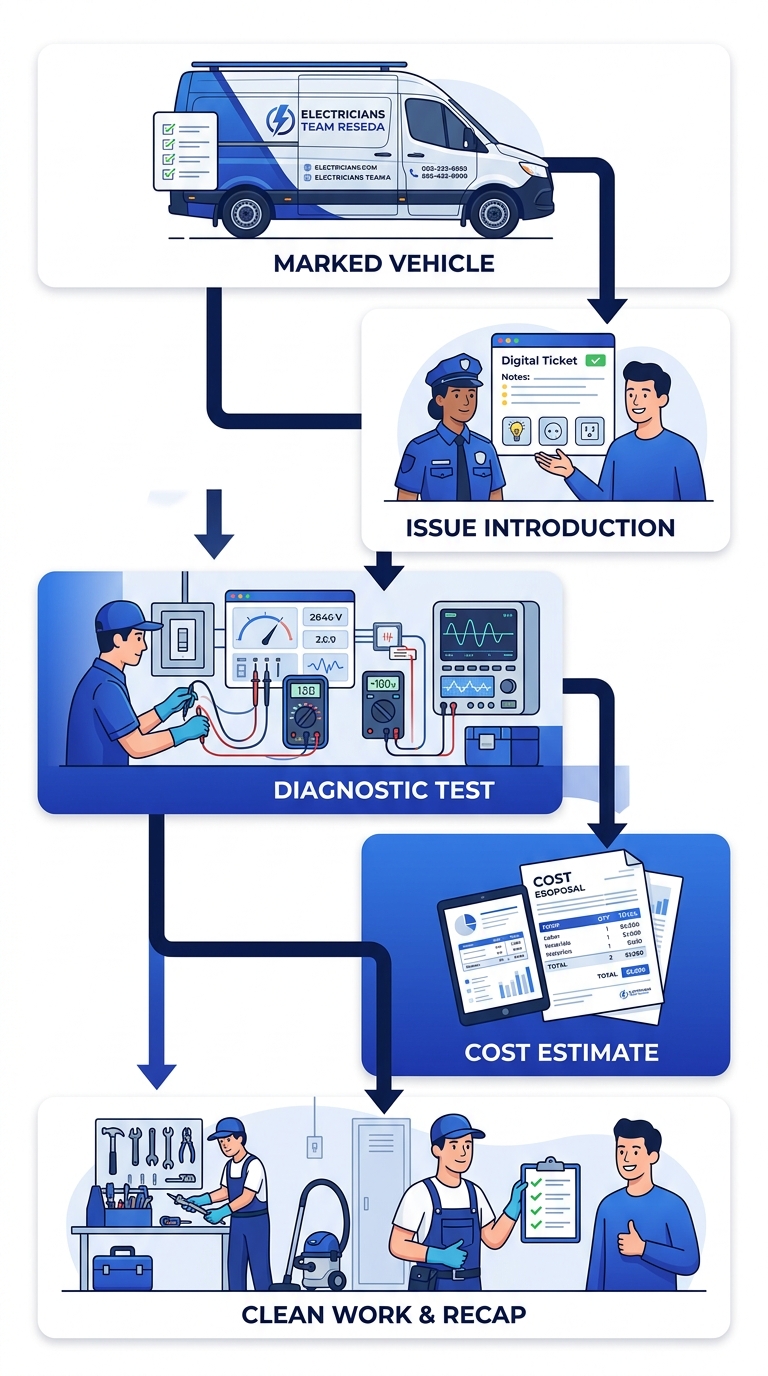 Step-by-step process showing electrician arrival: marked vehicle, issue introduction, diagnostic test, cost estimate, and clean work with recap