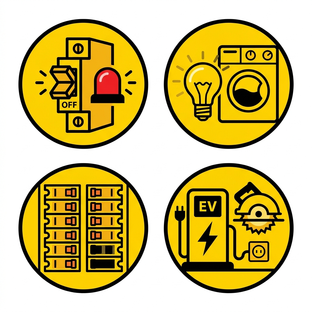 Set of four electrical panel warning signs: tripped breaker, dimming light, full panel, and new circuit addition, in yellow caution circles.