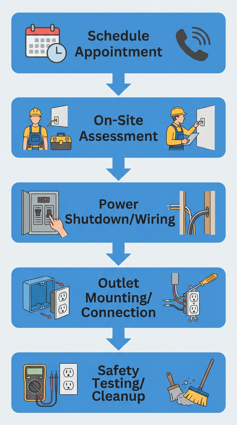 Five-step vertical process flow showing outlet installation from scheduling to cleanup.