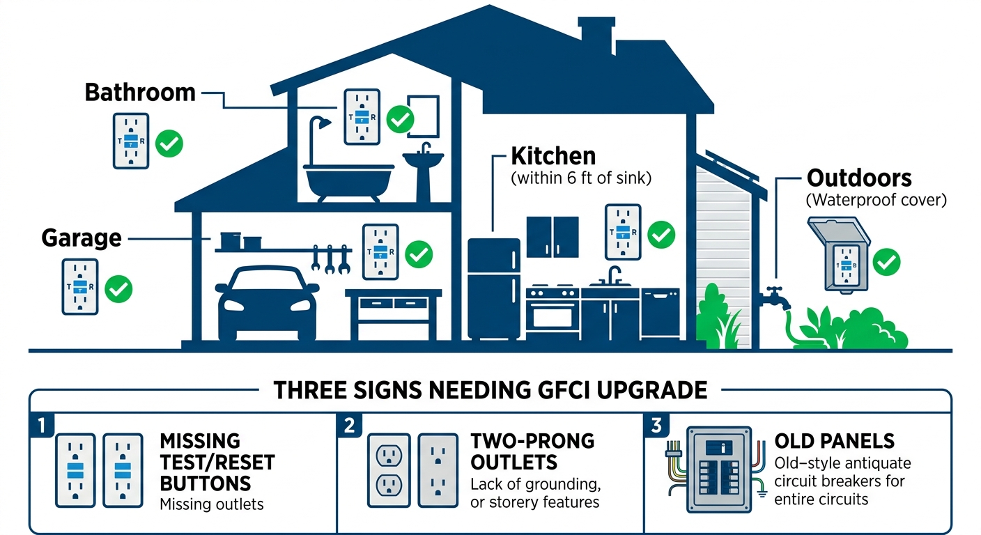 Infographic depicting key areas in a home requiring GFCI outlets and signs indicating a needed upgrade.