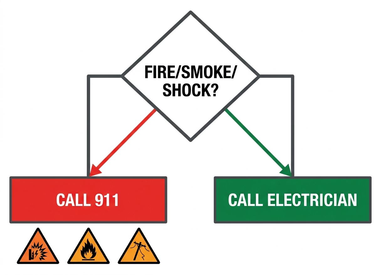 Decision flowchart for electrical emergencies: determine if active fire, smoke, or shock then call 911 or a licensed electrician.