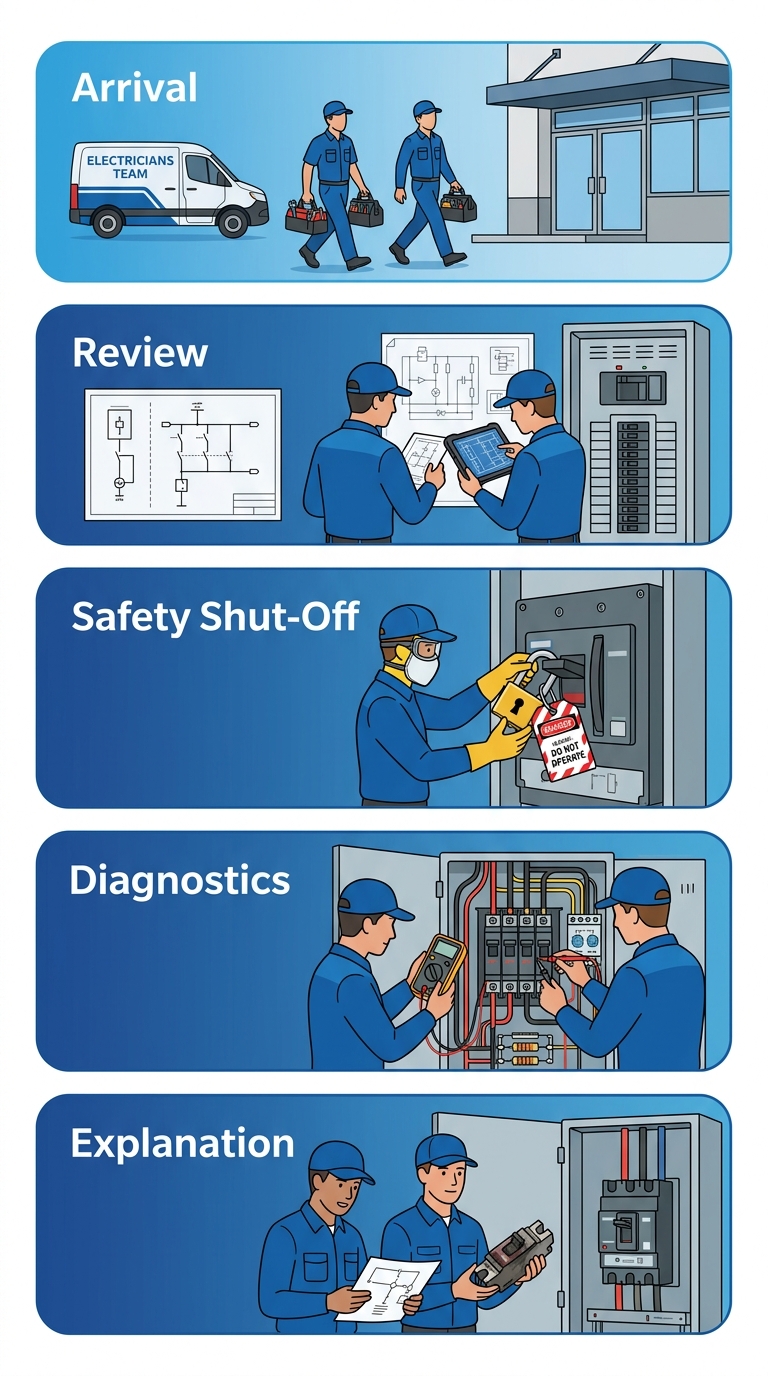 Process flow showing five steps: arrival, review, safety shut-off, diagnostics, and explanation for Electricians Team Reseda breaker repair service.