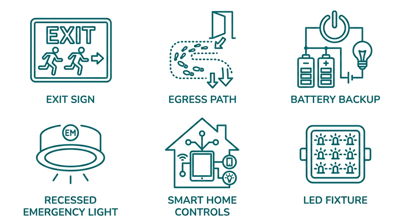 Grid of six outlined icons representing emergency lighting services