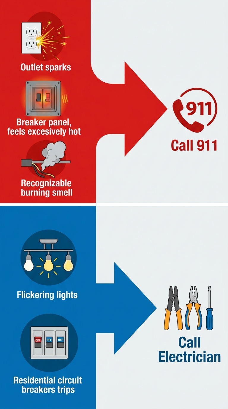 Infographic showing when to call 911 vs a licensed electrician for electrical emergencies versus non-emergencies