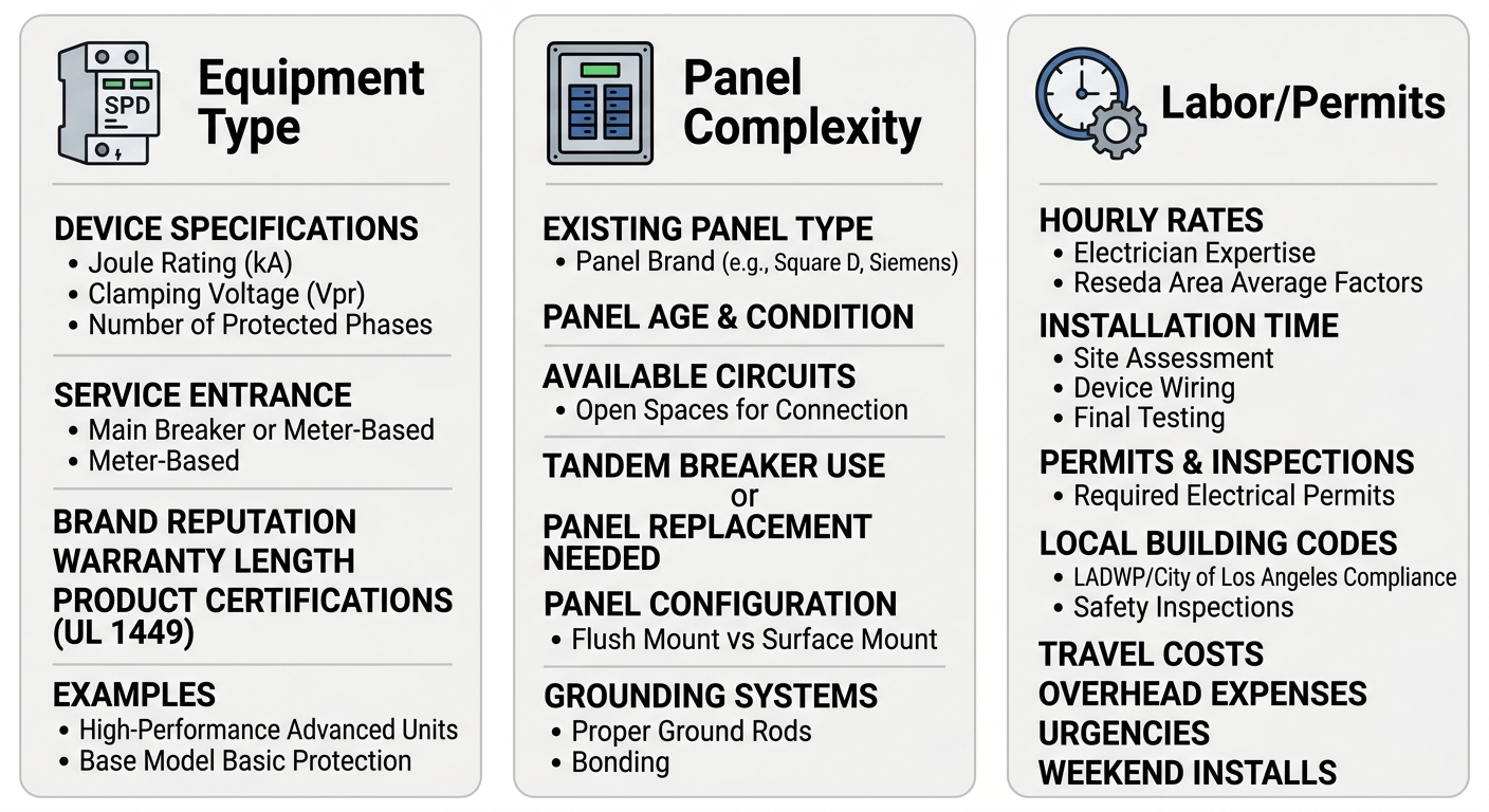Infographic showing three cost factors for whole home surge protection installation in Reseda: equipment type, panel complexity, and labor/permits