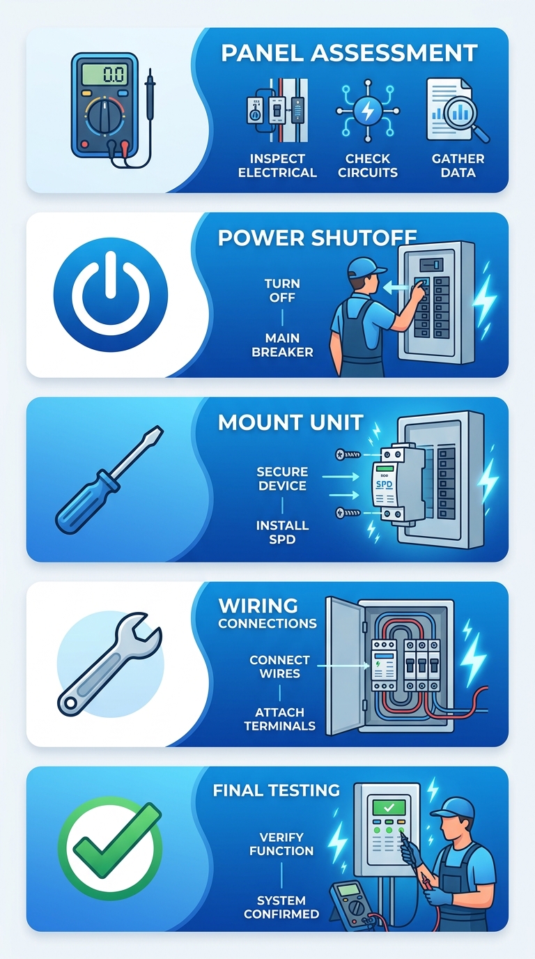 Process flow diagram showing whole home surge protector installation steps