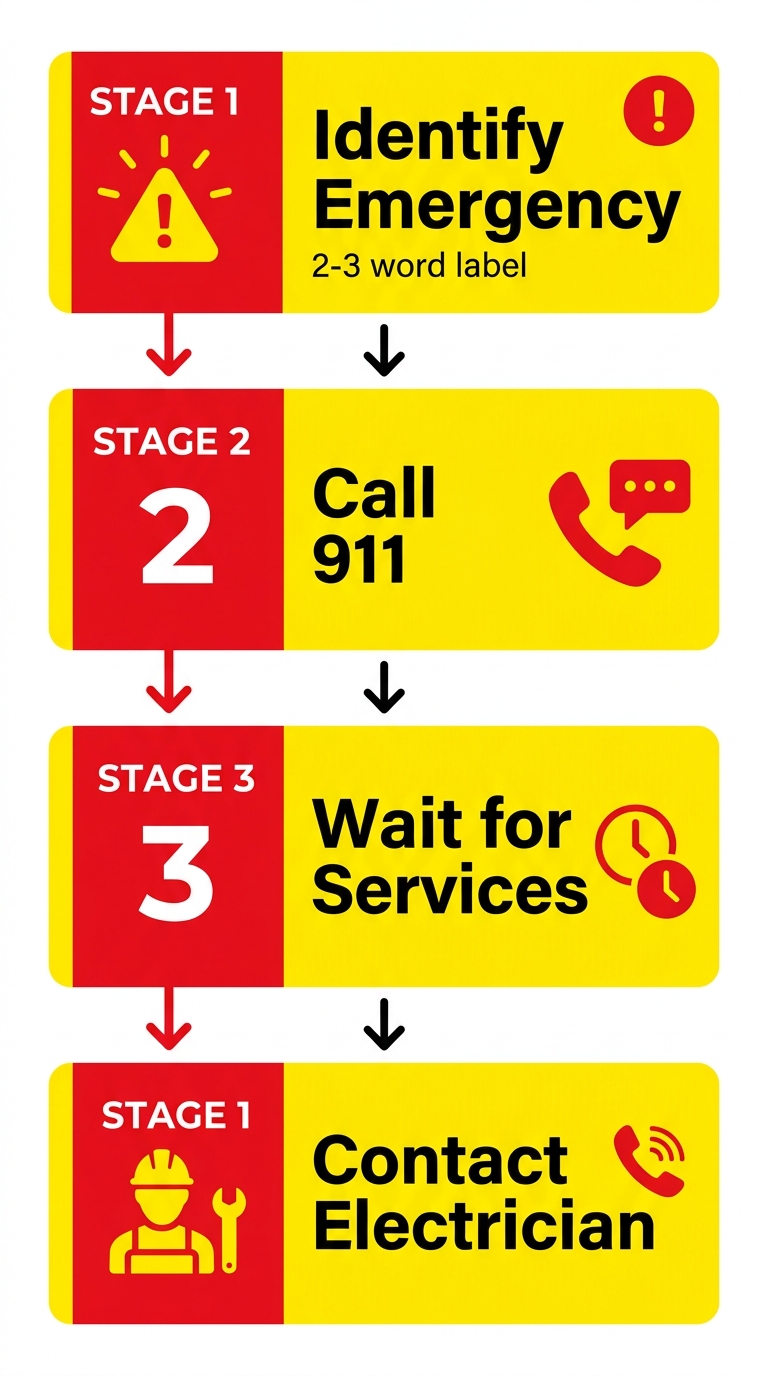 Vertical 4-step flowchart for electrical emergency response steps, using red and yellow urgency colors