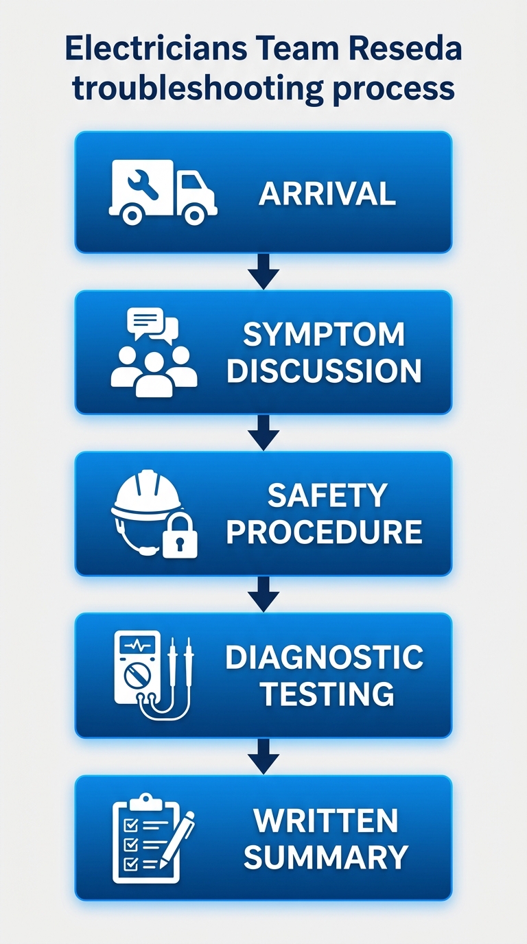Process flow showing five-step electrical troubleshooting: service arrival, symptom discussion, safety procedure, diagnostic testing, and written summary.
