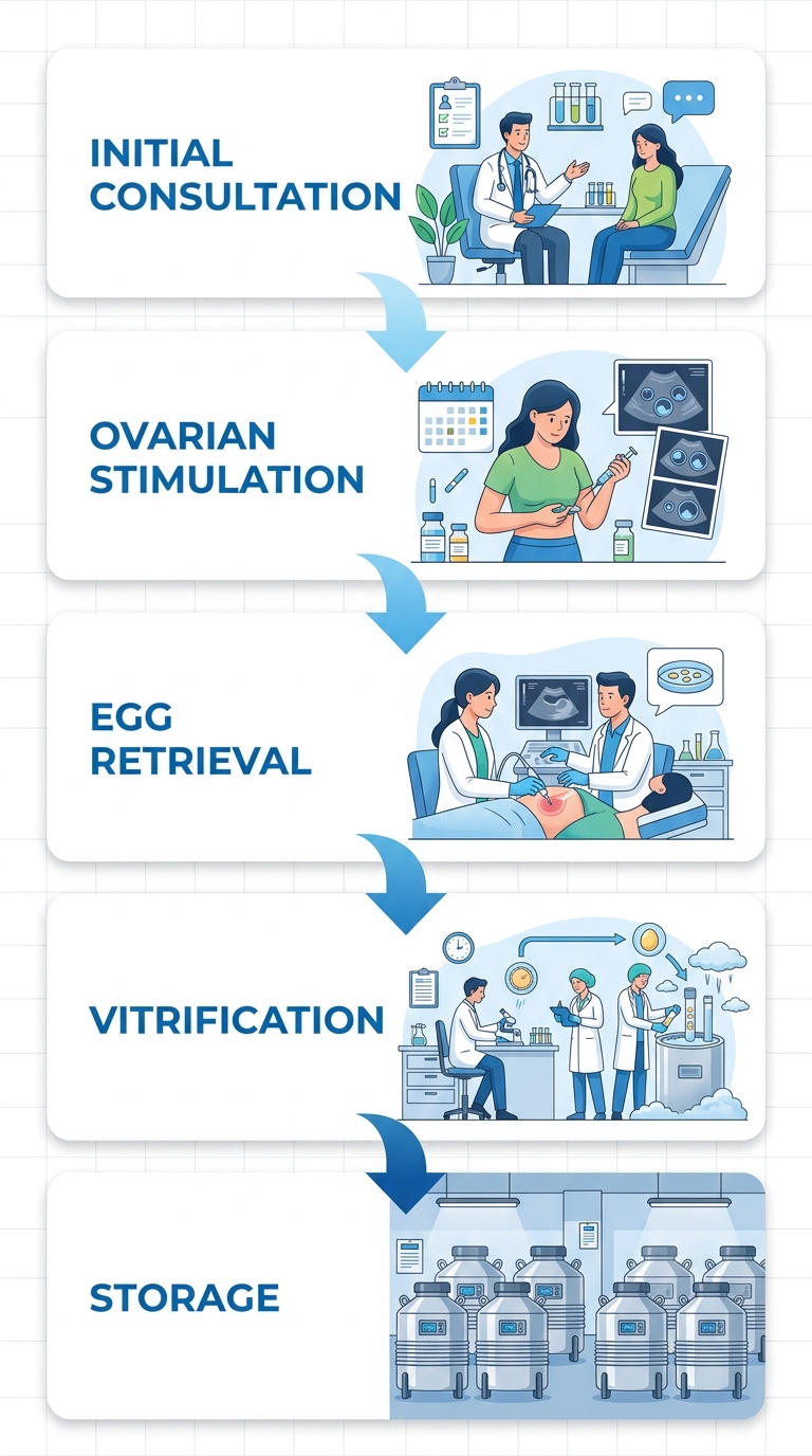 Vertical process flow diagram showing five steps of egg freezing from consultation to storage, depicted with icons and a blue gradient on a clean white background.