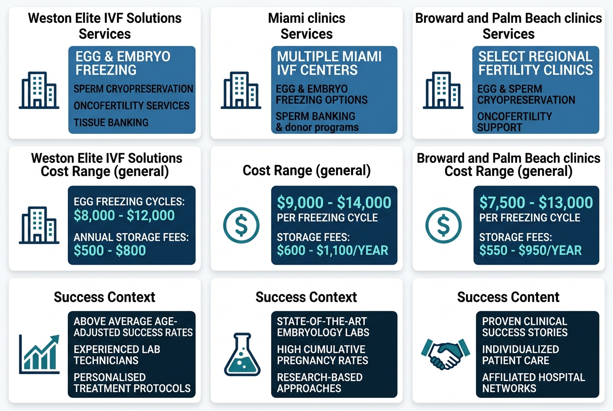 Side-by-side comparison of fertility clinics in South Florida, showing services offered, cost range, and success context for Westen Elite IVF Solutions, Miami clinics, and Broward and Palm Beach clinics.