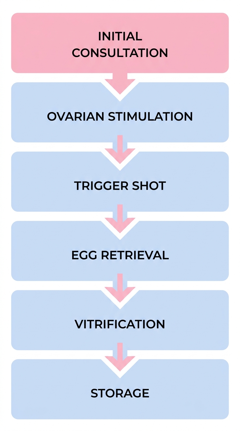Diagram illustrating the six stages of the egg freezing procedure: Initial Consultation, Ovarian Stimulation, Trigger Shot, Egg Retrieval, Vitrification, and Storage.