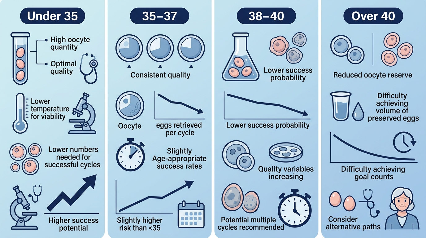 Infographic showing egg freezing recommendations by age group from under 35 to over 40, using soft blue medical design.