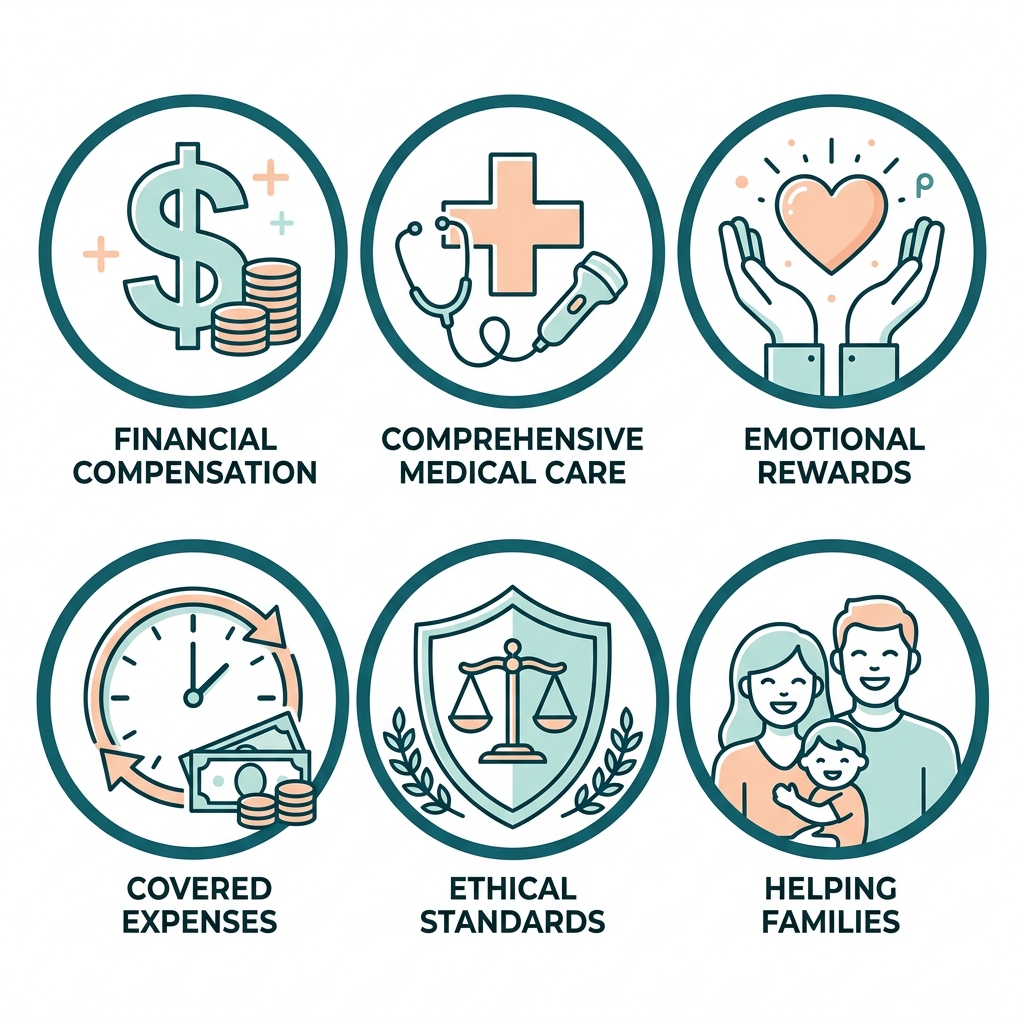 Grid of six circular icons depicting financial compensation, comprehensive care, emotional rewards, covered expenses, ethical standards, and helping families for egg donor benefits in Miami