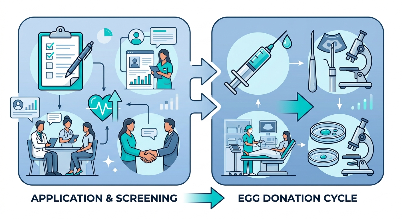 Process flow diagram showing two phases of egg donation: Application & Screening leading to Egg Donation Cycle, with icons and arrows