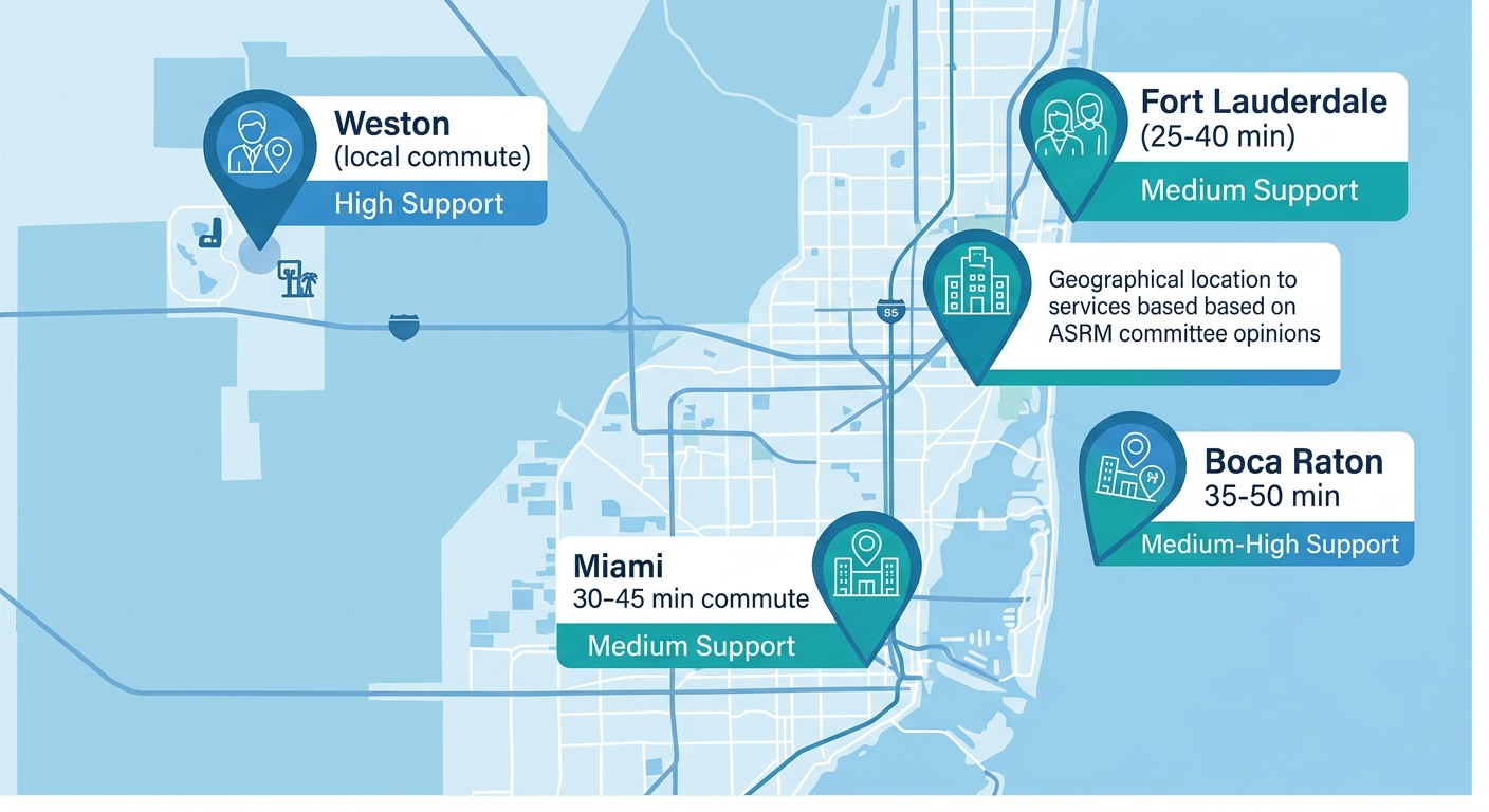 Map showing egg freezing clinic accessibility ratings across South Florida locations.