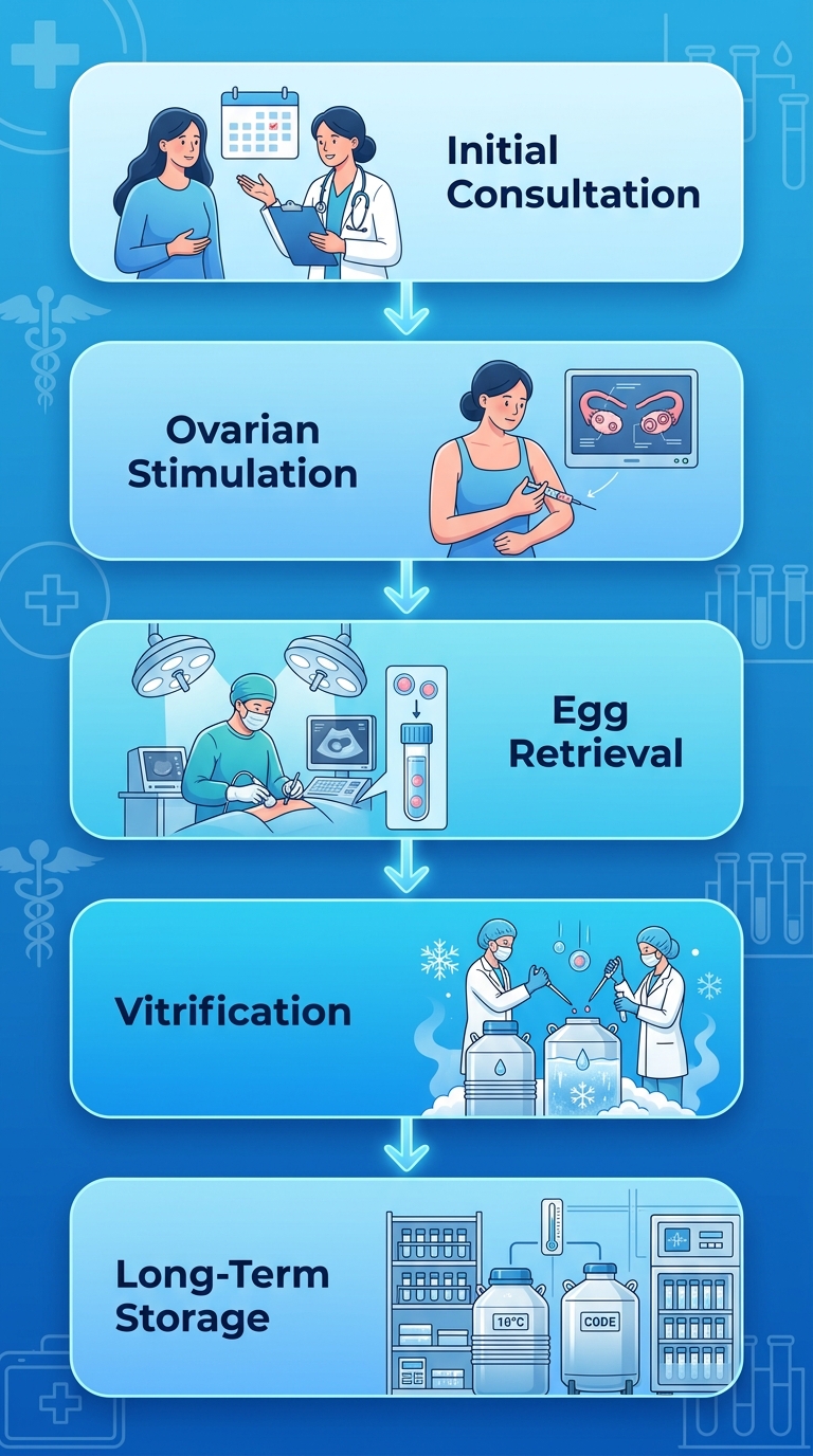 Five-step egg freezing process flowchart at Elite IVF Solutions