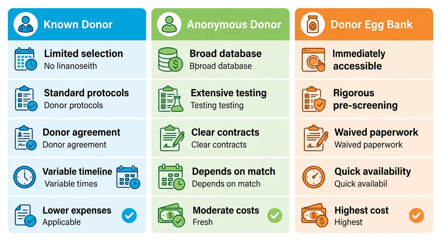 Infographic comparing egg donor pathways in South Florida: Known Donor, Anonymous Donor, and Donor Egg Bank with features like availability, screening, and cost, using color-coded columns.