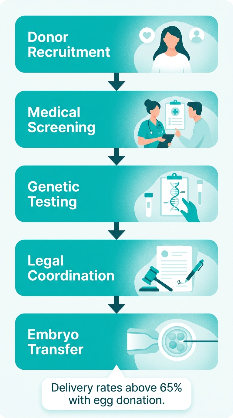 Vertical process flow illustrating five stages of egg donation: donor recruitment, medical screening, genetic testing, legal coordination, embryo transfer, with a callout showing delivery rates above 65%
