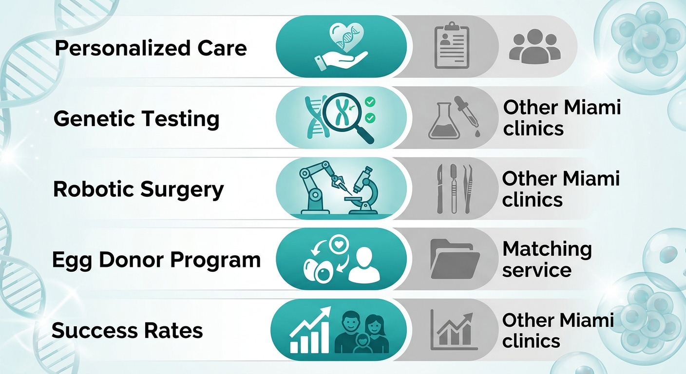 Infographic comparing Elite IVF Solutions donor egg program features with other Miami clinics using teal and gray visual indicators, no text headings.