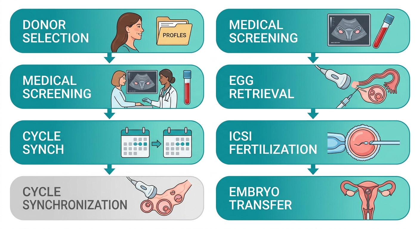 Diagram showing six stages of the donor egg IVF process: Donor Selection, Medical Screening, Cycle Synchronization, Egg Retrieval, ICSI Fertilization, and Embryo Transfer, connected by arrows in a vertical flow.