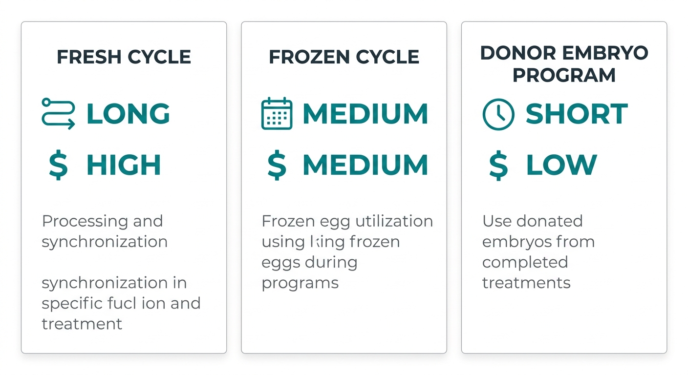 Infographic comparing three egg donation program types: Fresh Cycle, Frozen Cycle, and Donor Embryo Program, showing timeline and cost indicators.
