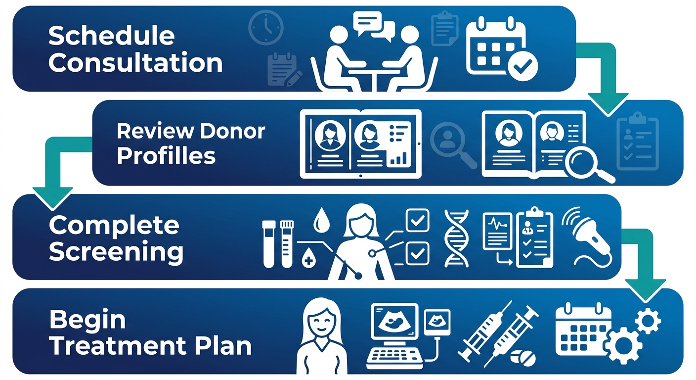 Four-step egg donation journey process flow from consultation to treatment plan, following ASRM guidelines.