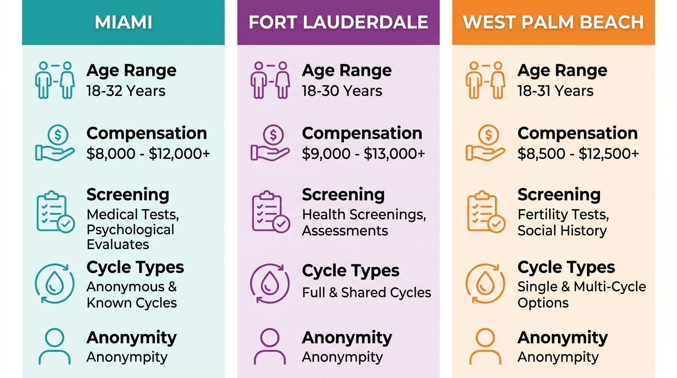 Three-column infographic comparing egg donation program features in Miami, Fort Lauderdale, and West Palm Beach, showing age range, compensation, screening, cycle types, and anonymity options.