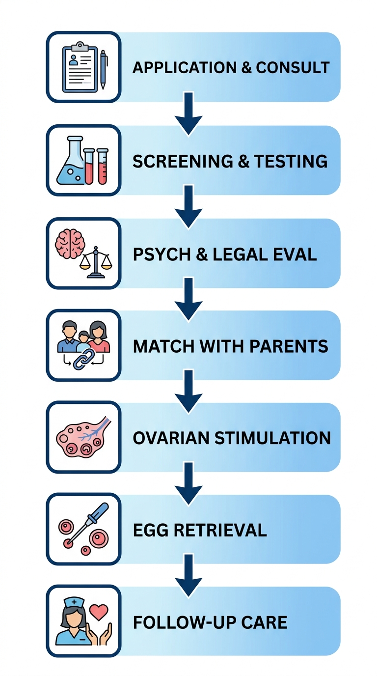 Vertical process flow showing seven steps of the egg donor journey from application through follow-up care