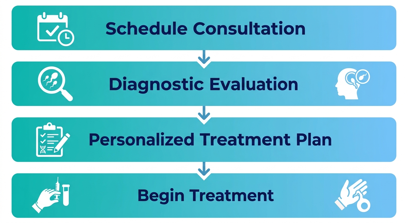 Vertical flow chart illustrating four steps to start IVF fertility treatment: Schedule Consultation, Diagnostic Evaluation, Personalized Treatment Plan, and Begin Treatment, with teal gradient cards and navy text on a white background.