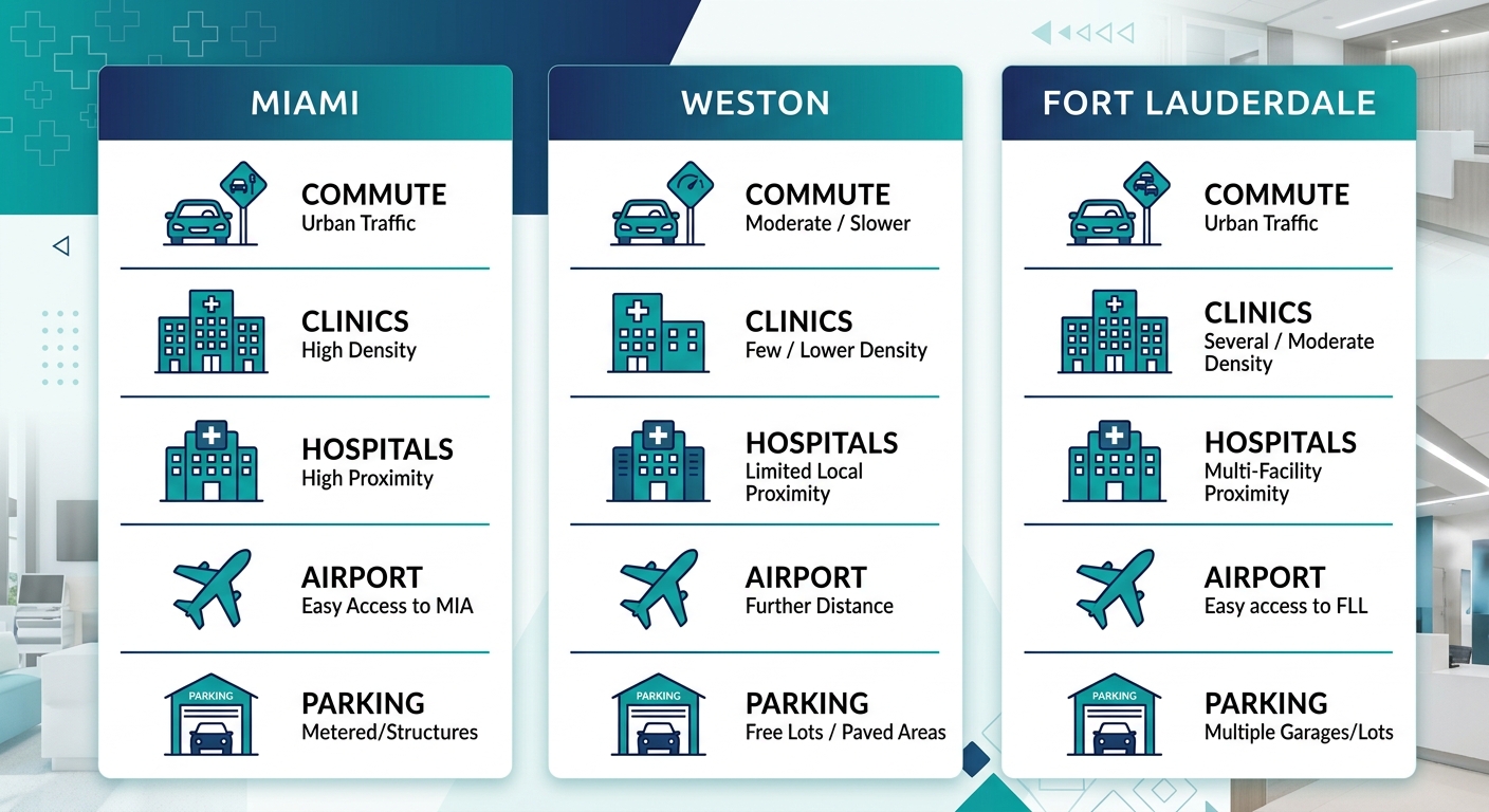 Side-by-side comparison of commute time, clinic density, hospital proximity, airport access, and parking for fertility clinics in Miami, Weston, and Fort Lauderdale.