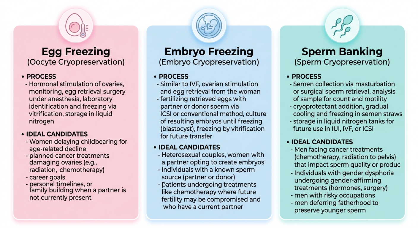 Infographic comparing egg freezing, embryo freezing, and sperm banking with color-coded columns