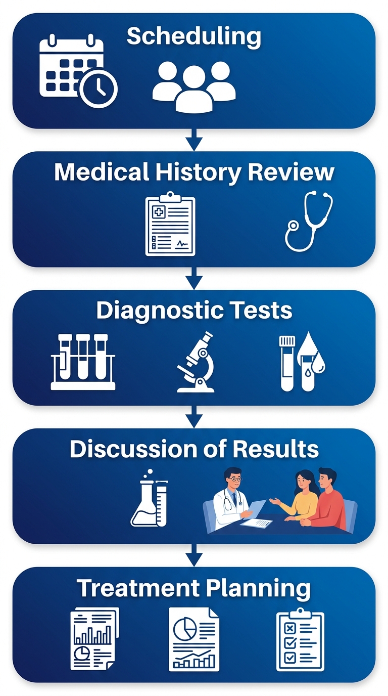 Process flow showing five stages of an initial fertility consultation with Elite IVF Solutions: Scheduling, Medical History Review, Diagnostic Tests, Discussion of Results, and Treatment Planning.