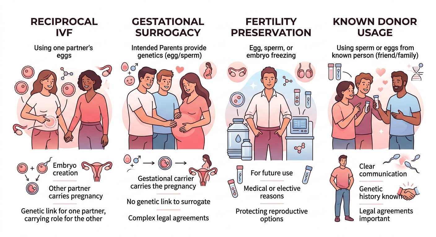 Infographic showing four LGBTQ+ fertility treatment options: Reciprocal IVF, Gestational Surrogacy, Fertility Preservation, Known Donor Usage